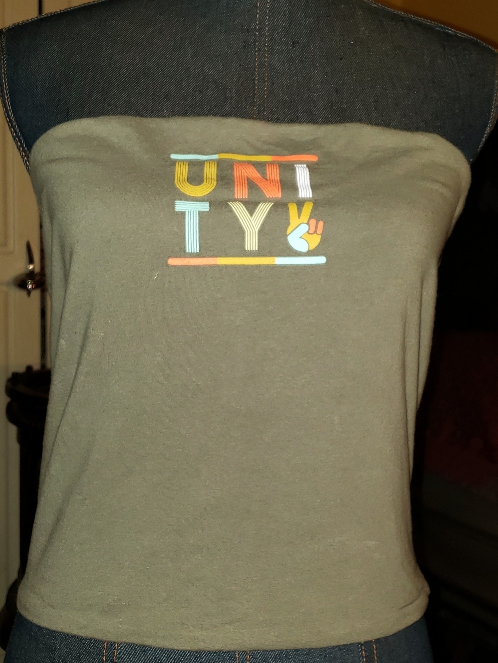 Unity Graphic Strapless Tube Top - Olive with Multicolor Print